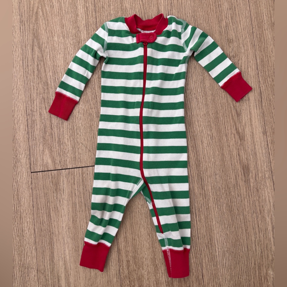 Hanna Andersson Striped Green and Red Zip Up PJ Christmas Pajamas 6-12M
